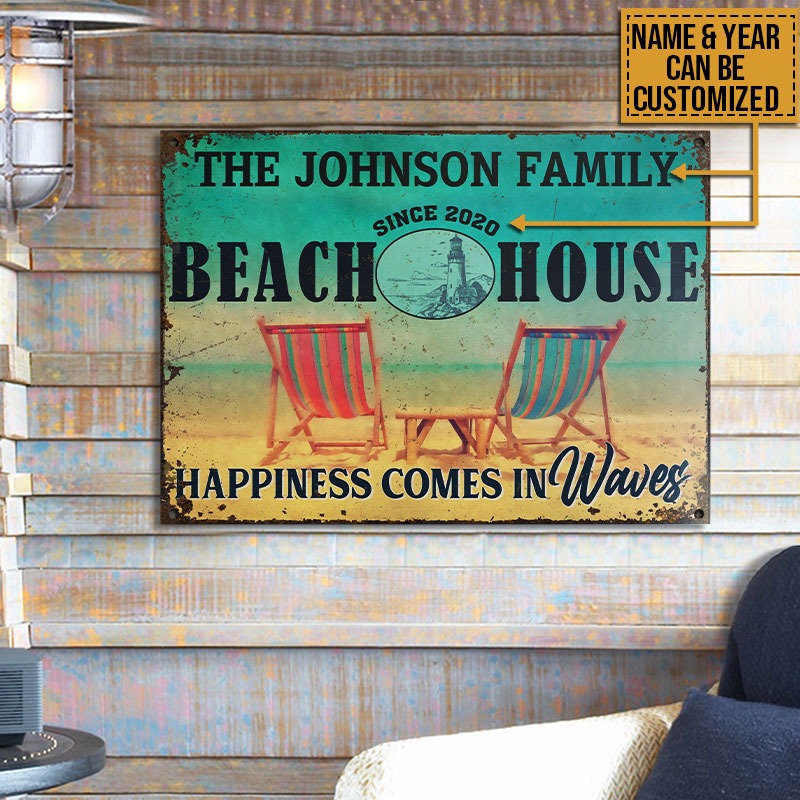 Personalized Beach House Happiness In Waves Customized Classic Metal Signs