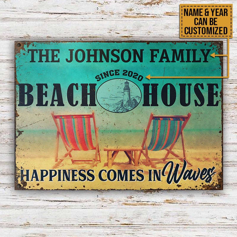 Personalized Beach House Happiness In Waves Customized Classic Metal Signs