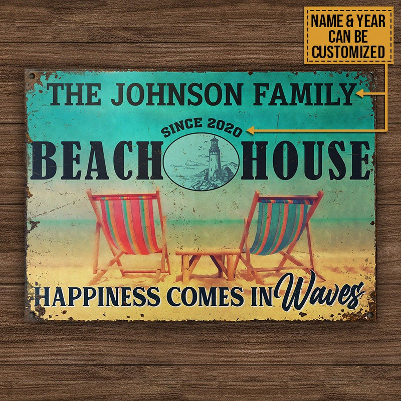 Personalized Beach House Happiness In Waves Customized Classic Metal Signs