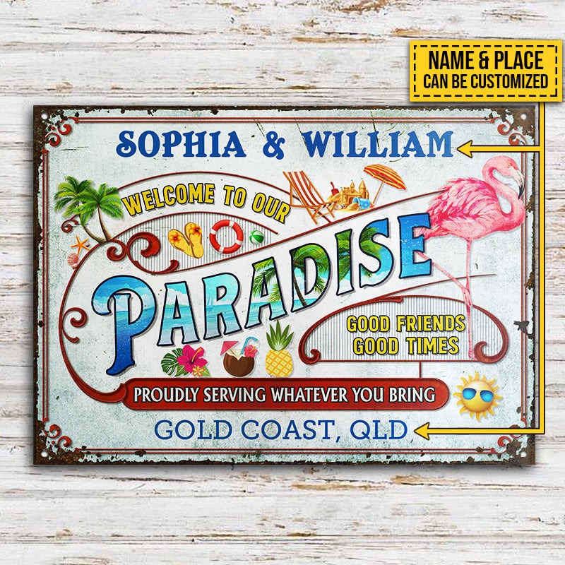 Personalized Flamingo Beach Our Paradise Customized Classic Metal Signs