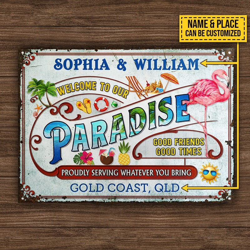 Personalized Flamingo Beach Our Paradise Customized Classic Metal Signs