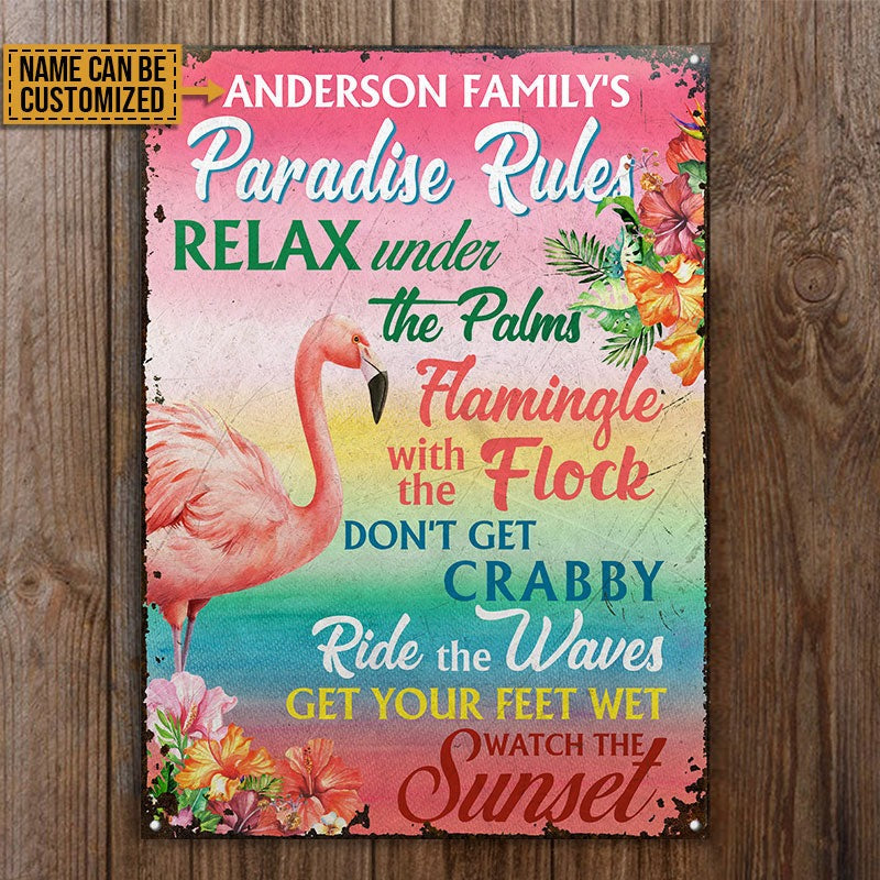 Personalized Flamingo Paradise Rules Customized Classic Metal Signs