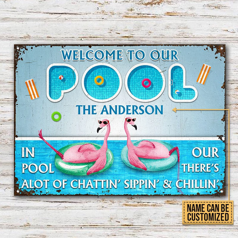 Personalized Flamingo Swimming Pool Chattin Sippin Customized Classic Metal Signs