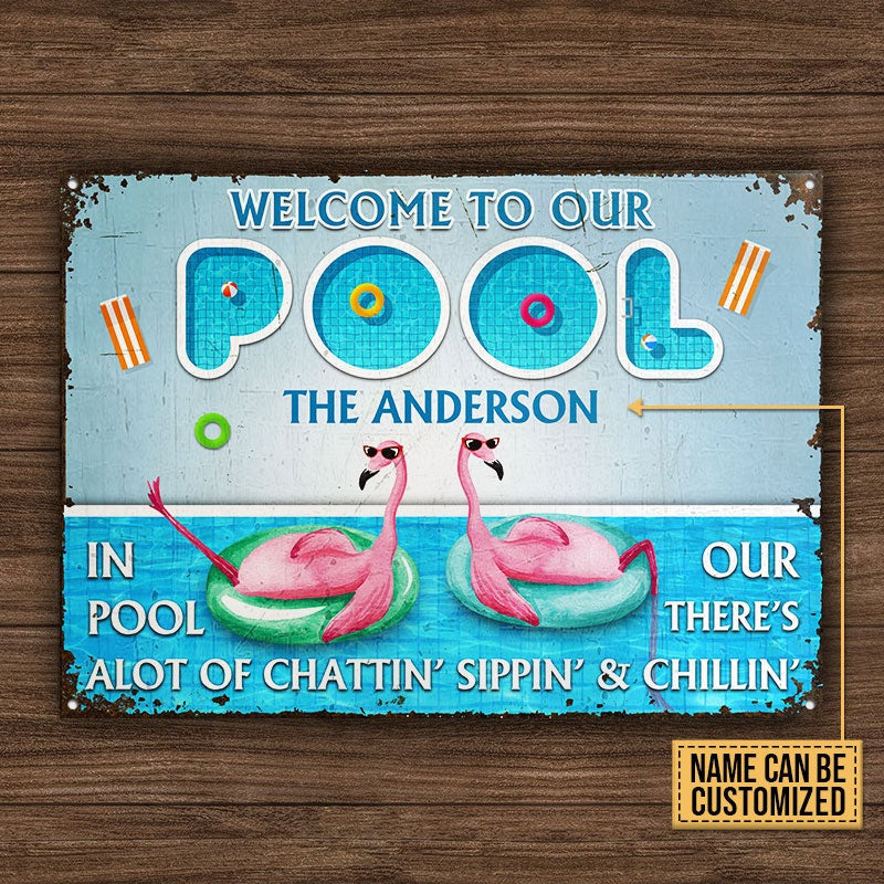 Personalized Flamingo Swimming Pool Chattin Sippin Customized Classic Metal Signs