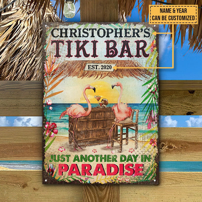 Personalisierte Flamingo Tiki Bar Just Another Day Personalisierte klassische Metallschilder