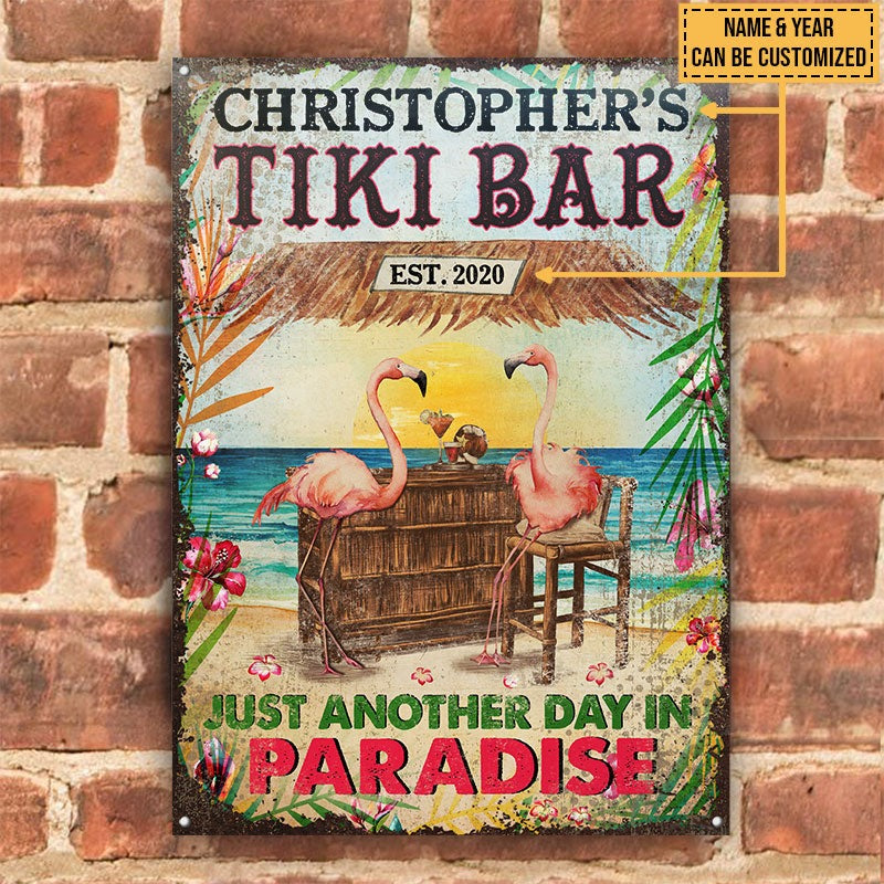 Personalized Flamingo Tiki Bar Just Another Day Customized Classic Metal Signs