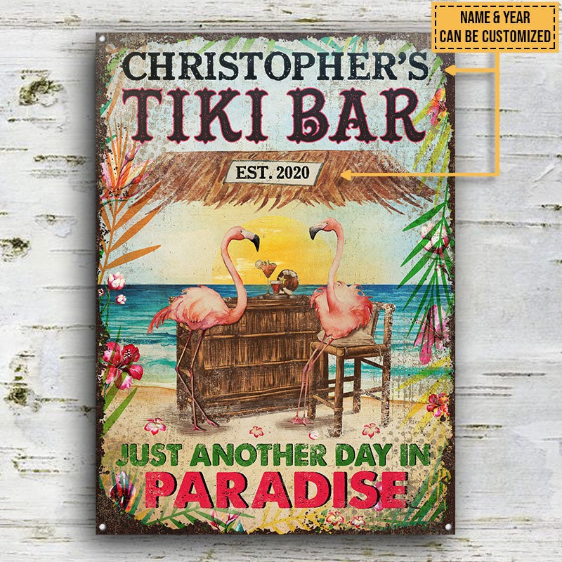 Personalisierte Flamingo Tiki Bar Just Another Day Personalisierte klassische Metallschilder