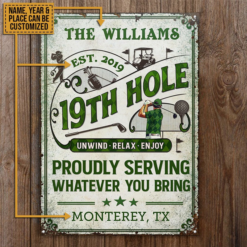 Personalized Golf Golfer 19th Hole Proudly Customized Classic Metal Signs