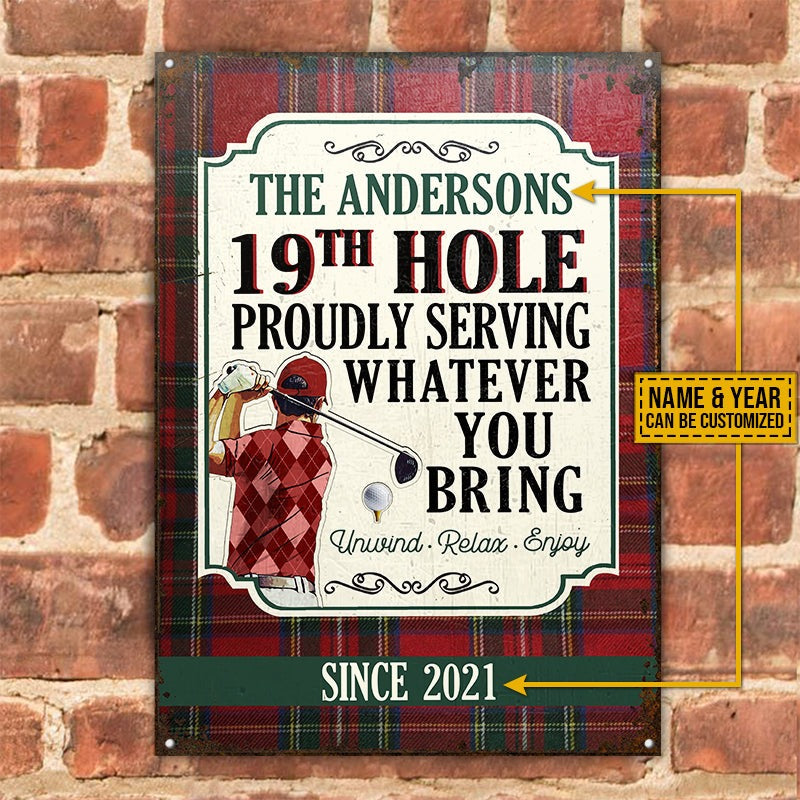 Personalized Golf Red Golfer 19th Hole Proudly Customized Classic Metal Signs