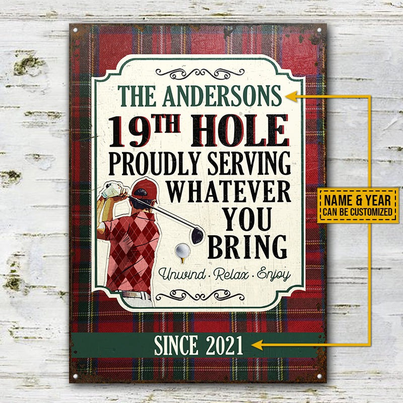 Personalized Golf Red Golfer 19th Hole Proudly Customized Classic Metal Signs