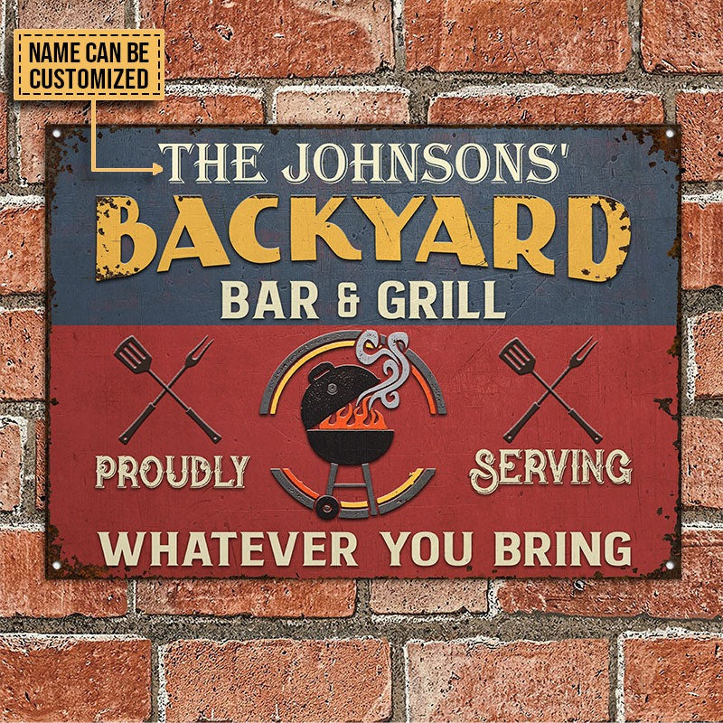 Personalized Grill Backyard Bar & Grill Red Blue Custom Classic Metal Signs