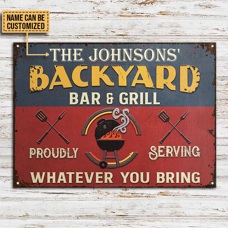 Personalized Grill Backyard Bar & Grill Red Blue Custom Classic Metal Signs