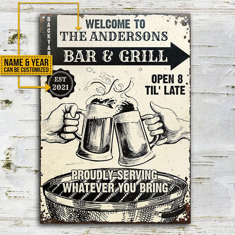 Personalized Grilling Bar & Grill Til Late Customized Classic Metal Signs