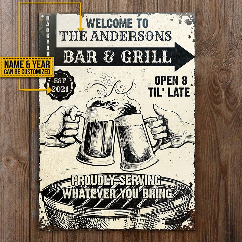 Personalized Grilling Bar & Grill Til Late Customized Classic Metal Signs