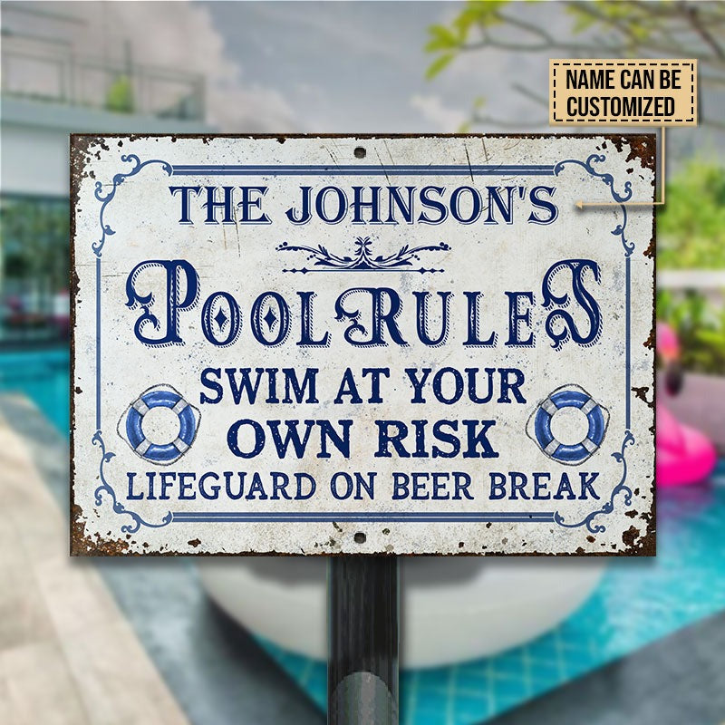 Personalized Pool Rules At Your Own Risk Customized Classic Metal Signs