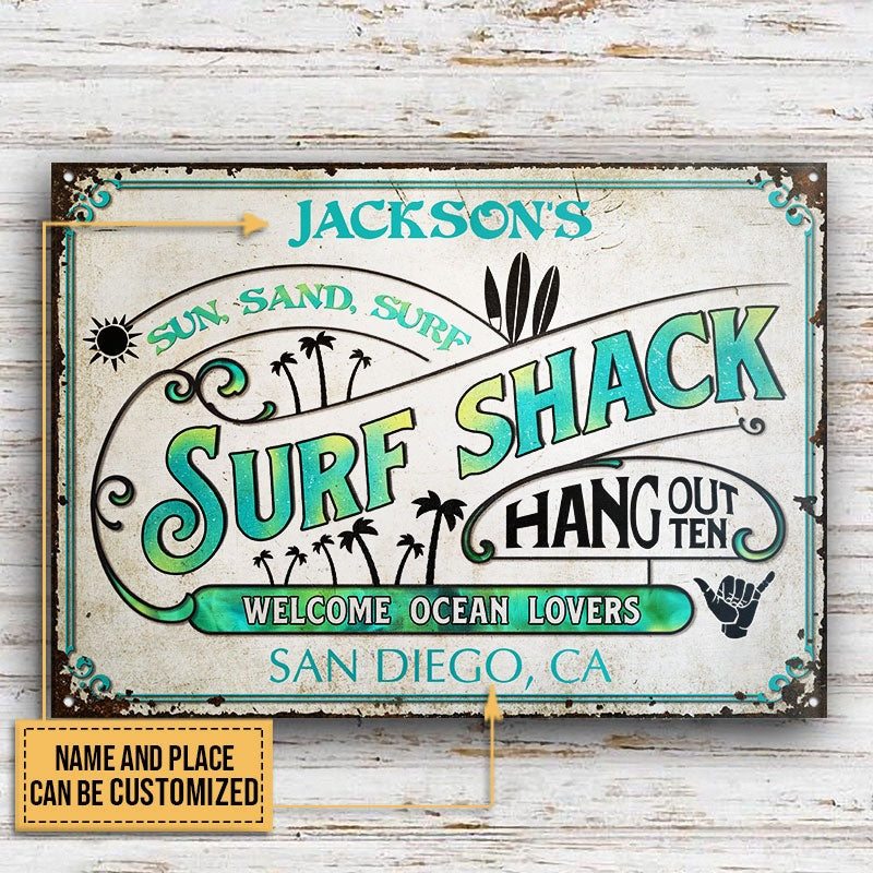 Personalized Surfing Surf Shack Hang Out Customized Classic Metal Signs