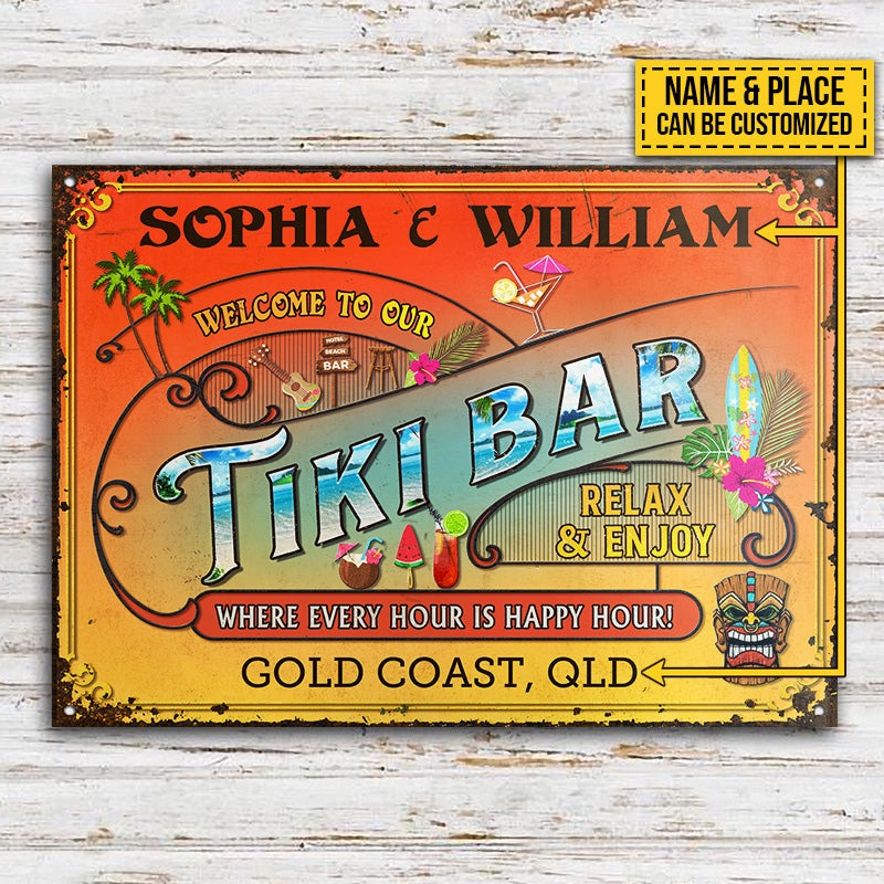 Personalized Tiki Bar Happy Hour Relax Customized Classic Metal Signs