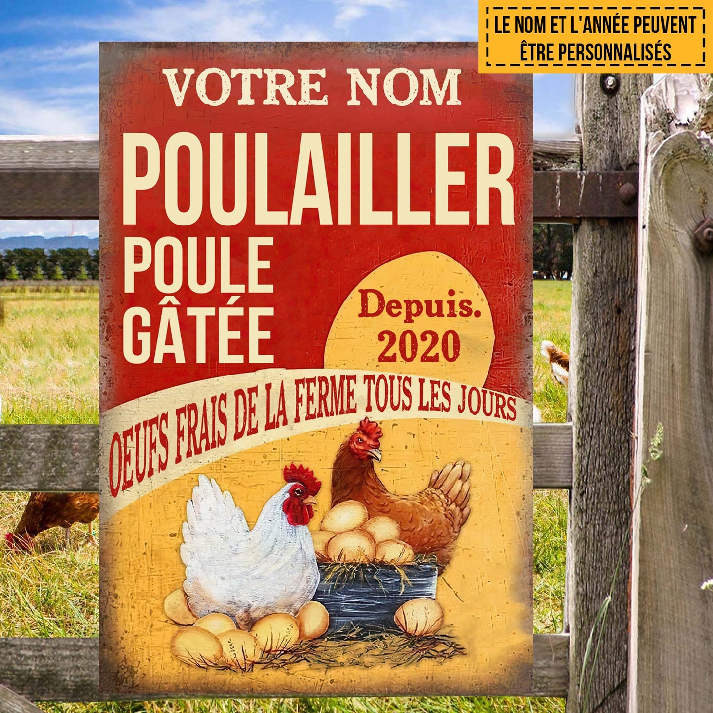 Poulailler, Oeufs frais de la ferme tous les jours 42 - Enseigne Métallique Classique