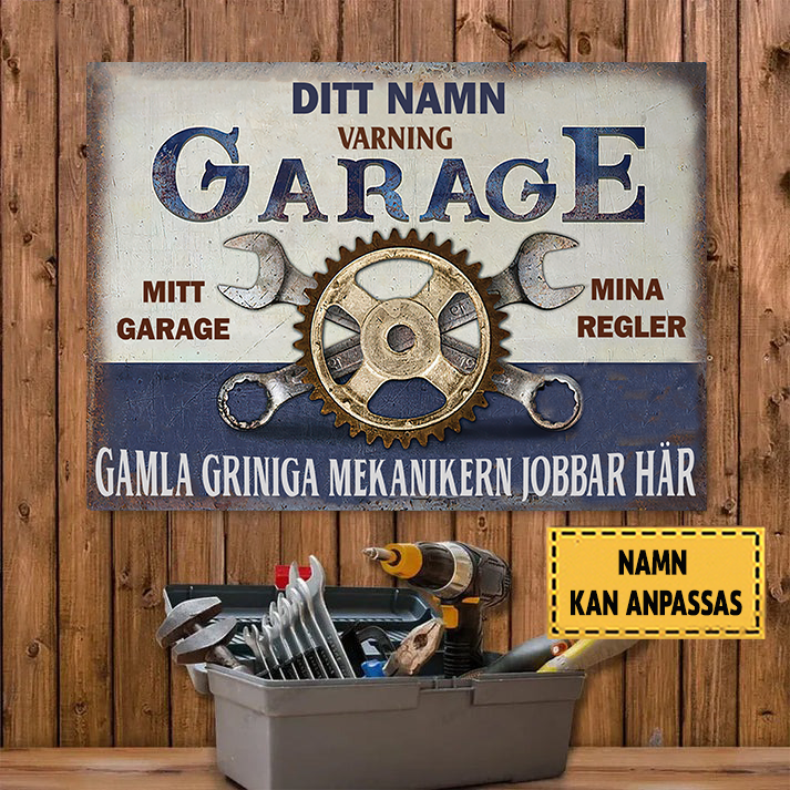 Gamla Griniga Mekanikern Jobbar Här Klassisk metallskylt