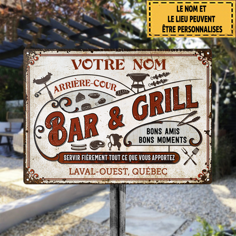 Arrière-Cour Bar & Grill Bons Amis Bons Moments Enseigne Métallique Classique