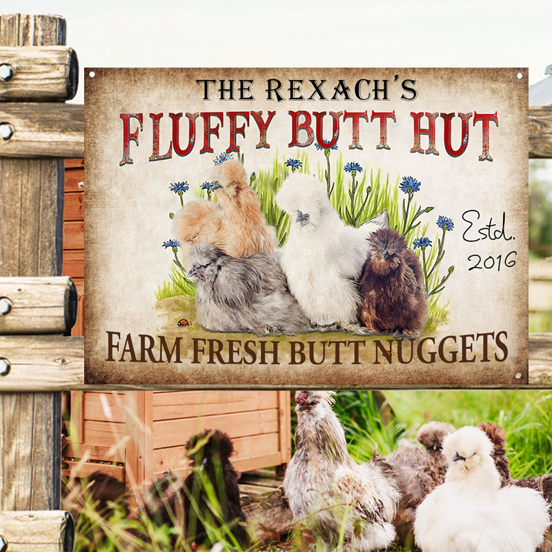 Personalisierte Huhn Fluffy Butt Hutt Farm frische Butt Nuggets individuelle klassische Metallschilder