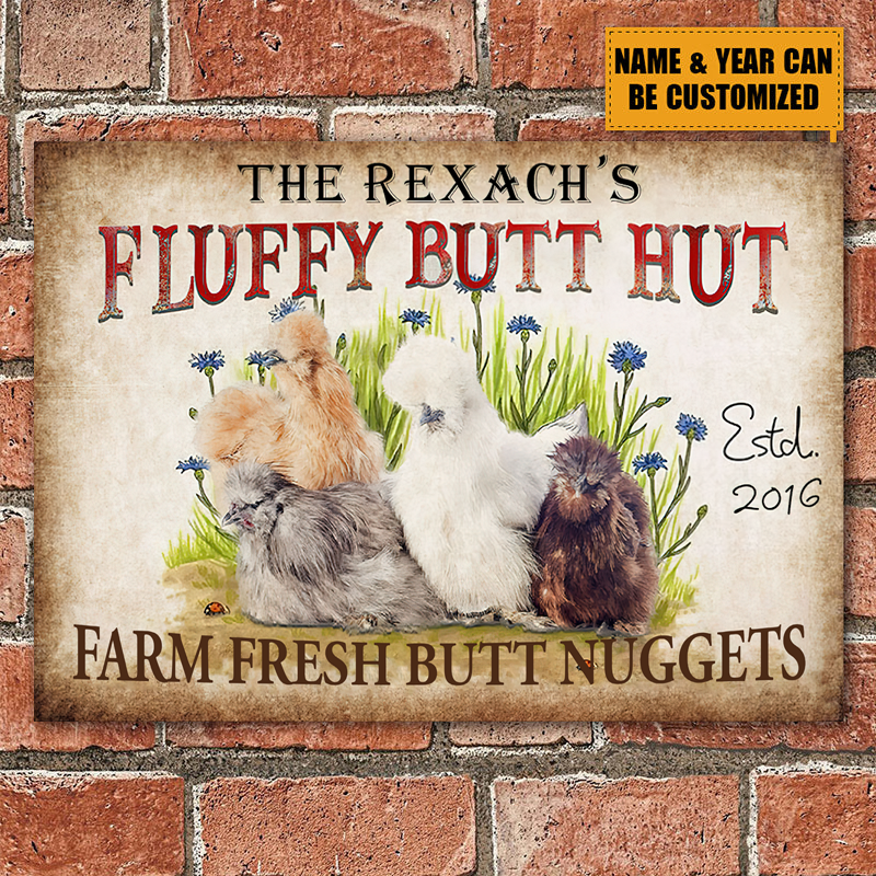 Personalisierte Huhn Fluffy Butt Hutt Farm frische Butt Nuggets individuelle klassische Metallschilder