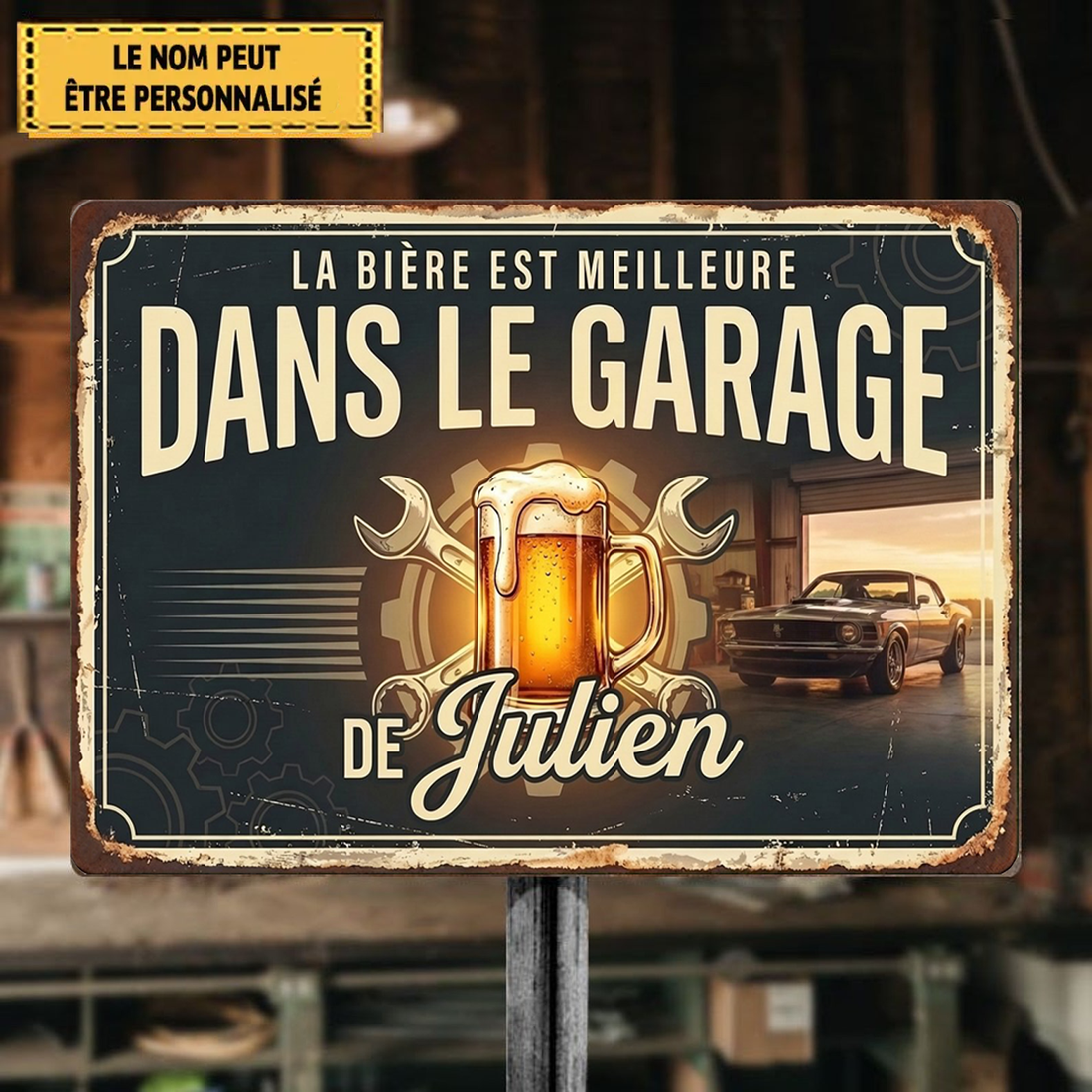 Plaque Métal Garage Personnalisée – La Bière Est Meilleure Dans Le Garage – Cadeau Homme, Cadeau Papa, Décoration Garage Vintage
