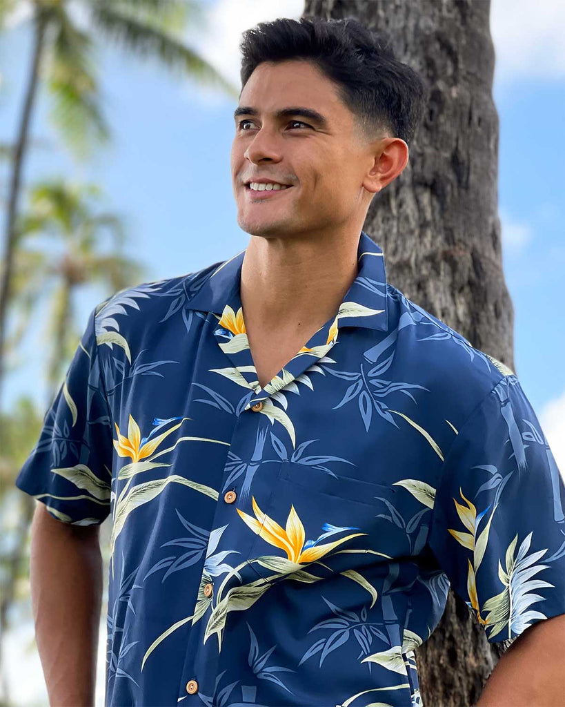 Men's Hawaiian Shirt Paradise Bamboo Navy Rayon