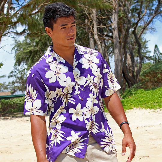 Chemise Hawaïenne Pour Hommes En Coton Violet À Fleurs Tropicales