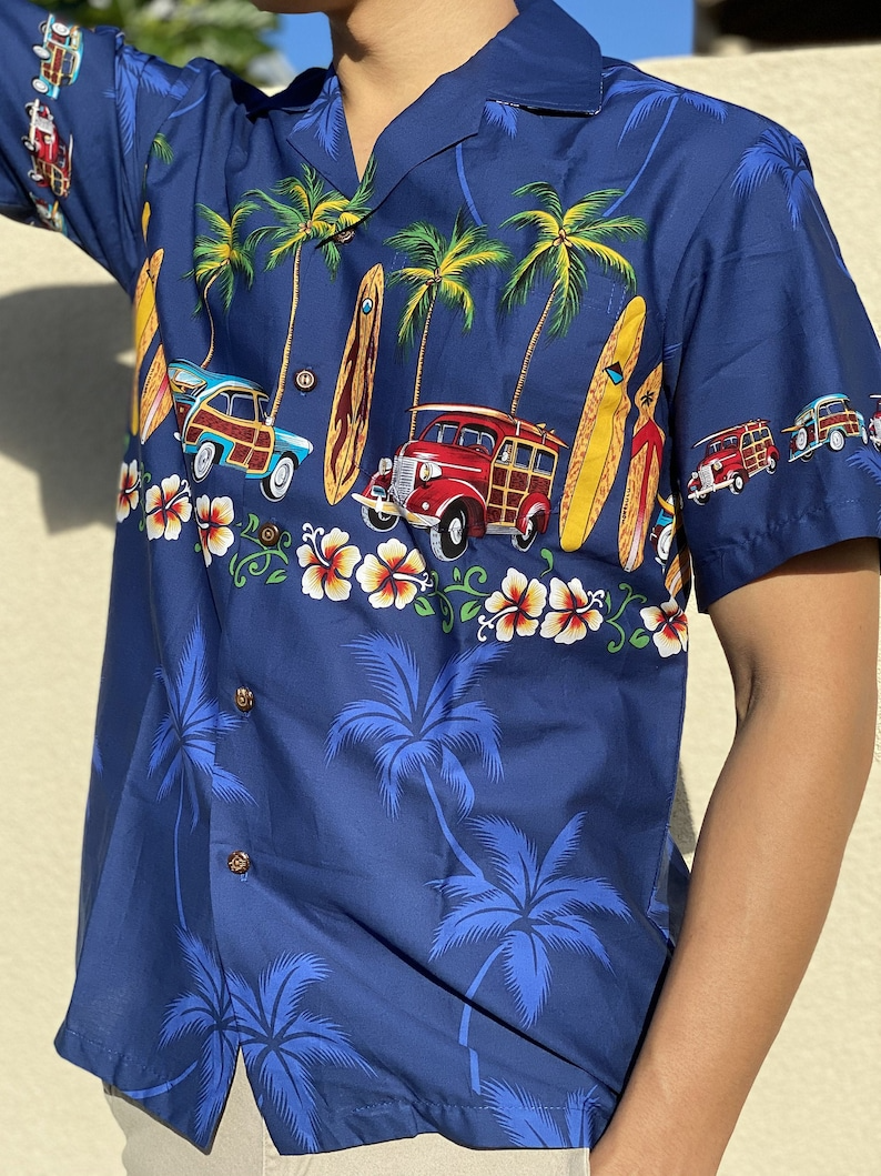 Hawaiianisches Aloha Vintage-Shirt aus Baumwolle für den Bademantel mit floralem Palmenmotiv, Blaufarbe