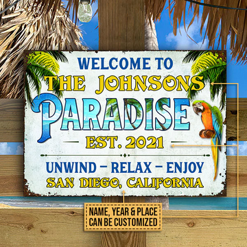 Beach House Parrot Paradise Détendez-vous et profitez de panneaux métalliques classiques personnalisés, décor de maison de plage