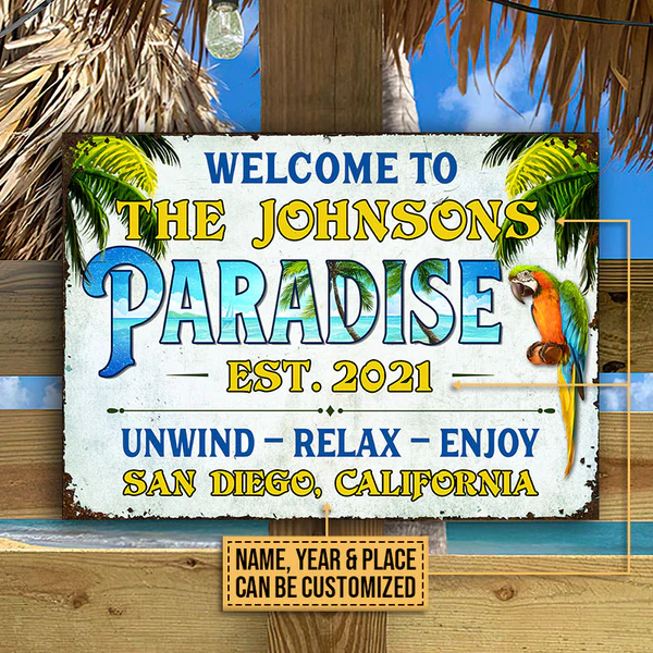 Beach House Parrot Paradise Détendez-vous et profitez de panneaux métalliques classiques personnalisés, décor de maison de plage