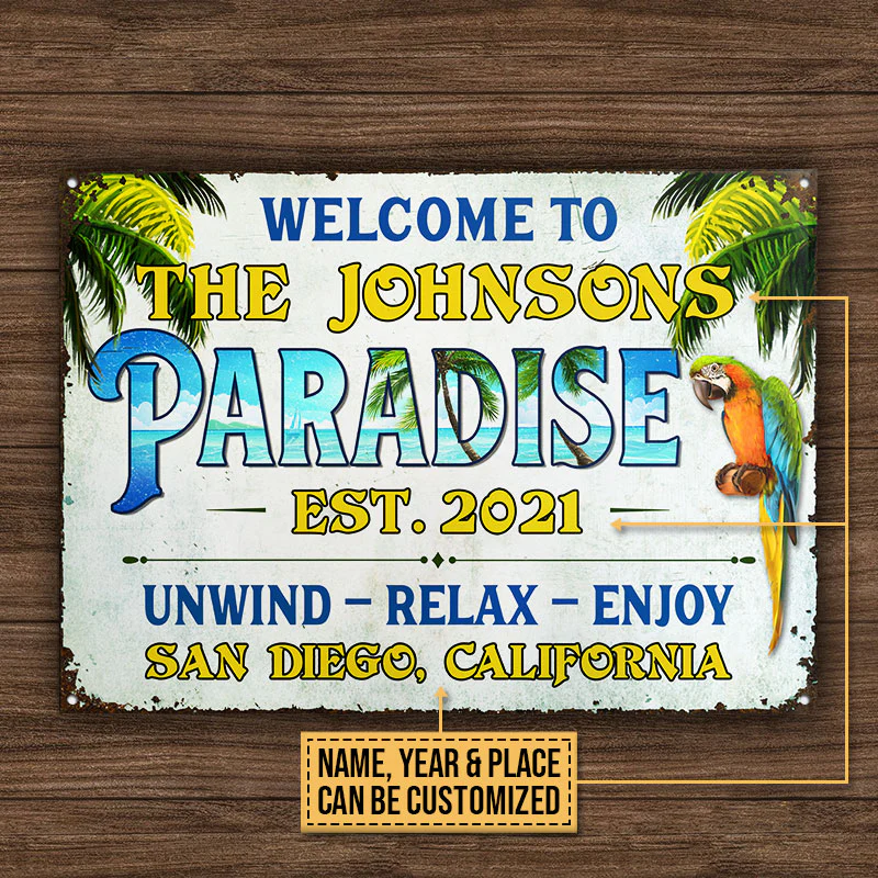 Beach House Parrot Paradise Détendez-vous et profitez de panneaux métalliques classiques personnalisés, décor de maison de plage