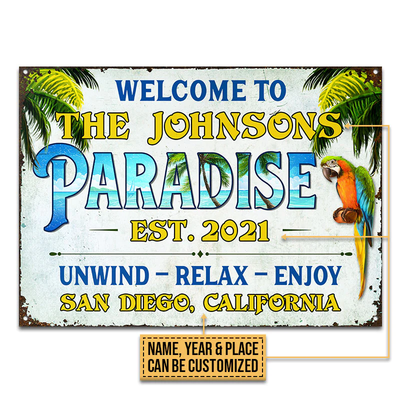 Beach House Parrot Paradise Détendez-vous et profitez de panneaux métalliques classiques personnalisés, décor de maison de plage