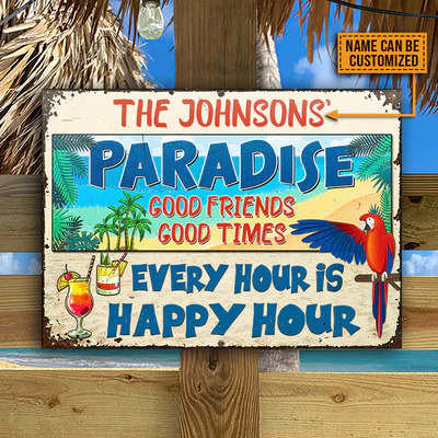 Beach Parrot Paradise Happy Hour, Beach House, décor de bar extérieur, enseignes métalliques classiques personnalisées
