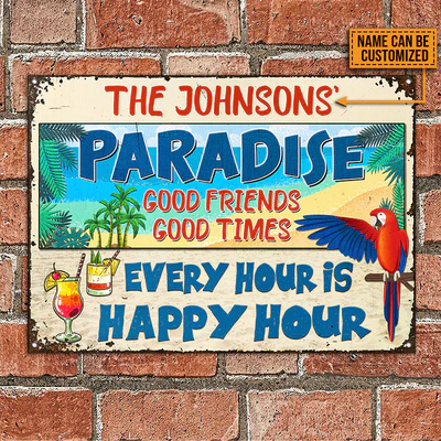 Strandpapagei Paradies Happy Hour, Strandhaus, Outdoor-Bar-Dekor, individuelle klassische Metallschilder