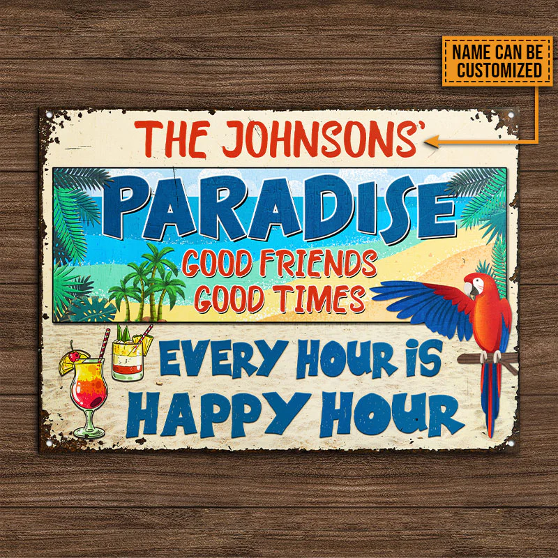 Beach Parrot Paradise Happy Hour, Beach House, décor de bar extérieur, enseignes métalliques classiques personnalisées
