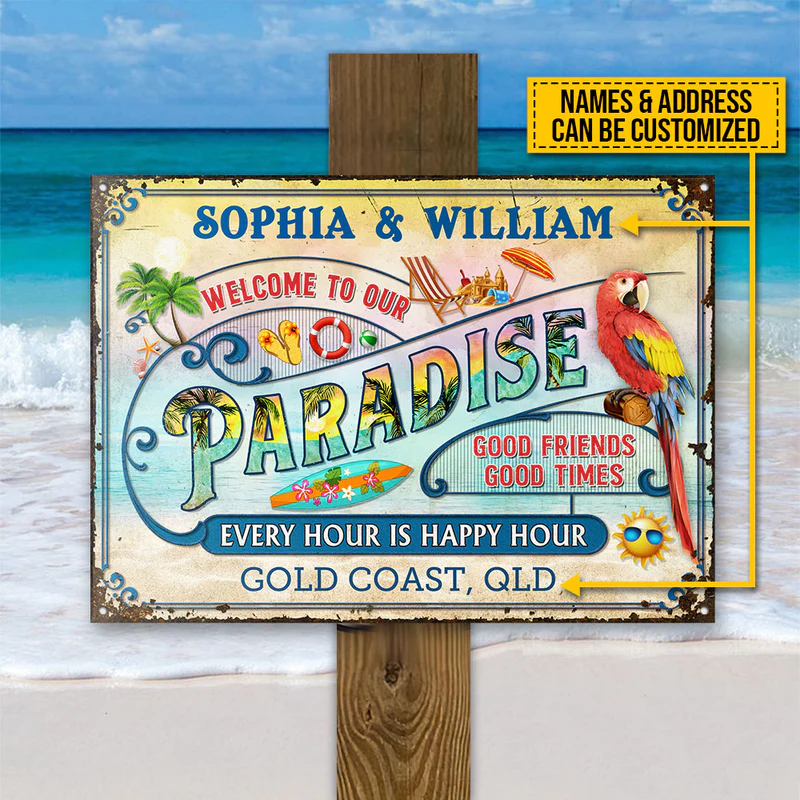 Personalized Beach Surfing Our Paradise Pastel Custom Classic Metal Signs