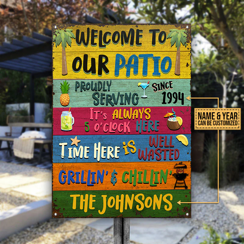 Patio Welcome Grilling Chilling Plaques métalliques classiques personnalisées, décorations de patio, idées de décoration extérieure