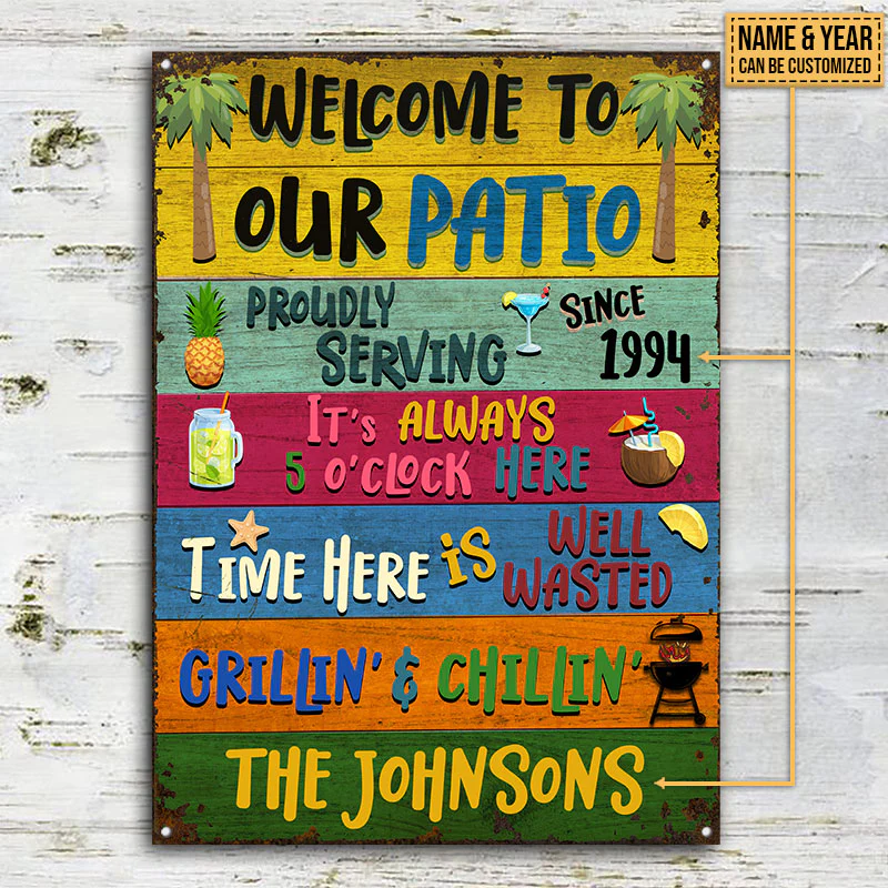 Patio Welcome Grilling Chilling Plaques métalliques classiques personnalisées, décorations de patio, idées de décoration extérieure
