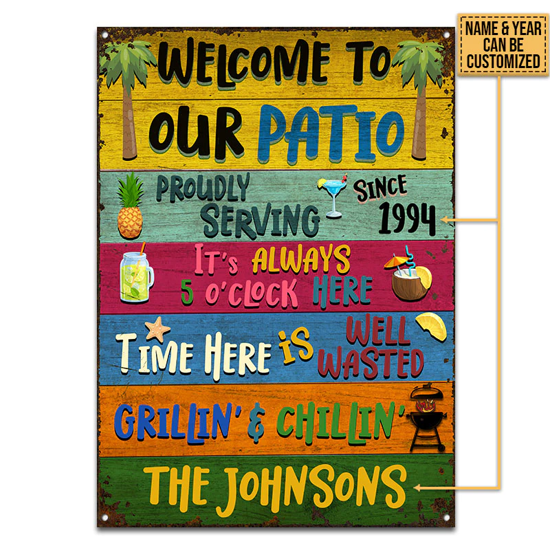 Patio Welcome Grilling Chilling Plaques métalliques classiques personnalisées, décorations de patio, idées de décoration extérieure