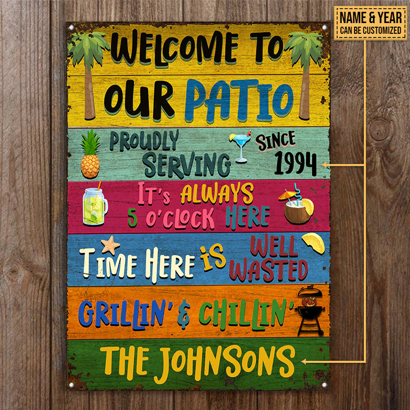 Patio Welcome Grilling Chilling Plaques métalliques classiques personnalisées, décorations de patio, idées de décoration extérieure