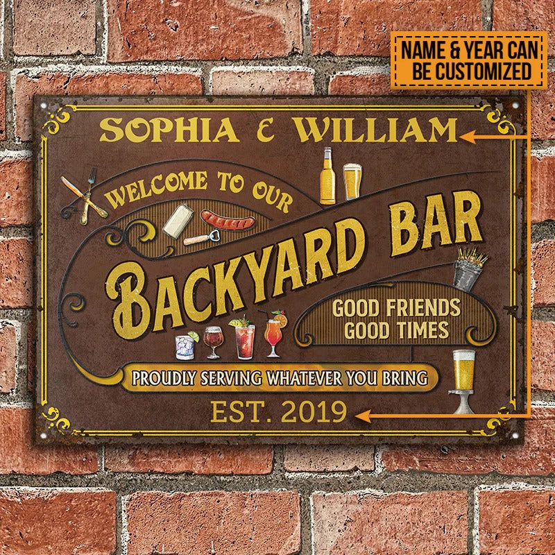 Personalized Backyard Bar Proudly Serving Customized Classic Metal Signs