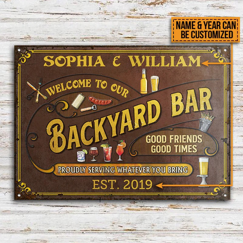 Personalized Backyard Bar Proudly Serving Customized Classic Metal Signs