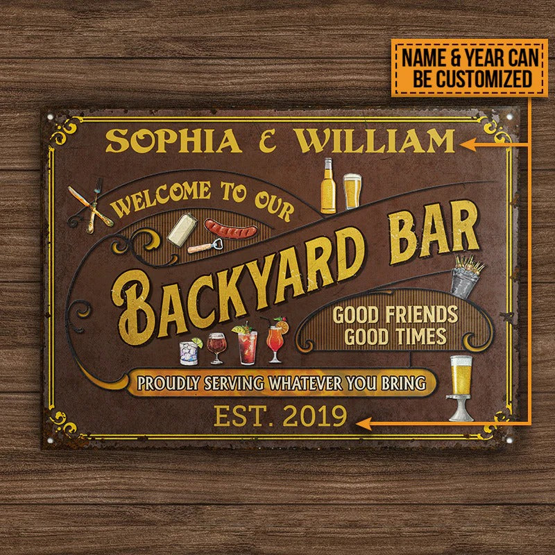 Personalized Backyard Bar Proudly Serving Customized Classic Metal Signs