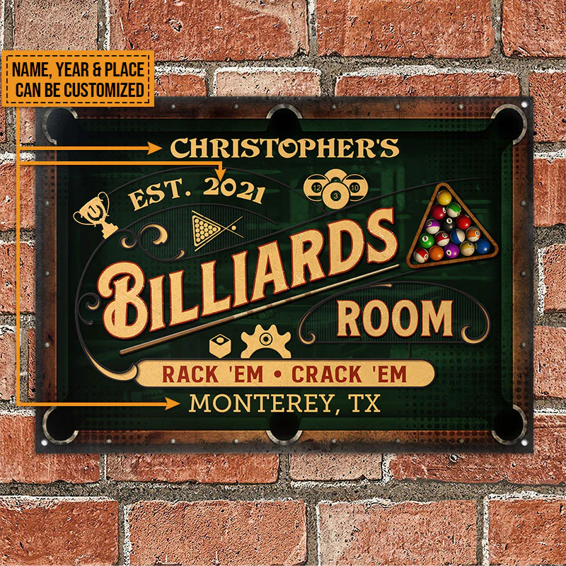 Personalized Billiards Rack 'Em Crack 'Em Custom Classic Metal Signs