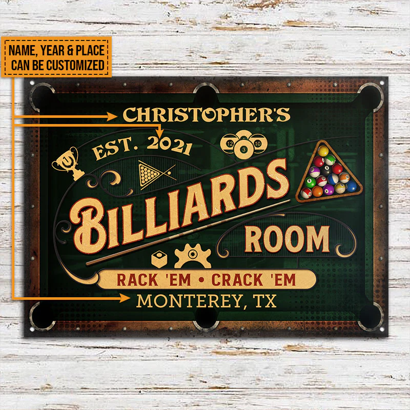 Personalized Billiards Rack 'Em Crack 'Em Custom Classic Metal Signs