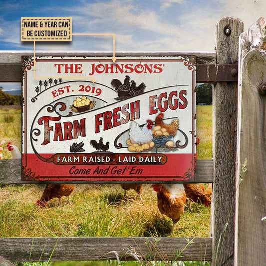 Personalized Chicken Farm Fresh Eggs Red White Custom Classic Metal Signs