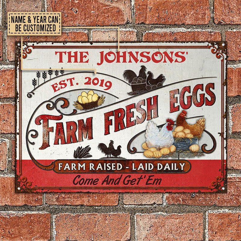 Personalized Chicken Farm Fresh Eggs Red White Custom Classic Metal Signs