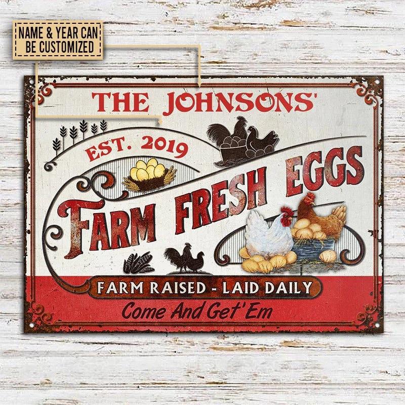 Personalized Chicken Farm Fresh Eggs Red White Custom Classic Metal Signs